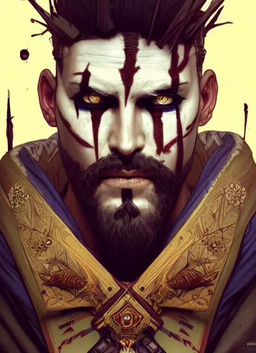 Image similar to symmetry!! portrait of crowned! borderlands 3 ( male ) psycho, ( beard ) ( scars ) ( wounds ) ( piercings ), intricate, elegant, highly detailed, digital painting, artstation, concept art, smooth, sharp focus, illustration, art by artgerm and greg rutkowski and alphonse mucha, 8 k