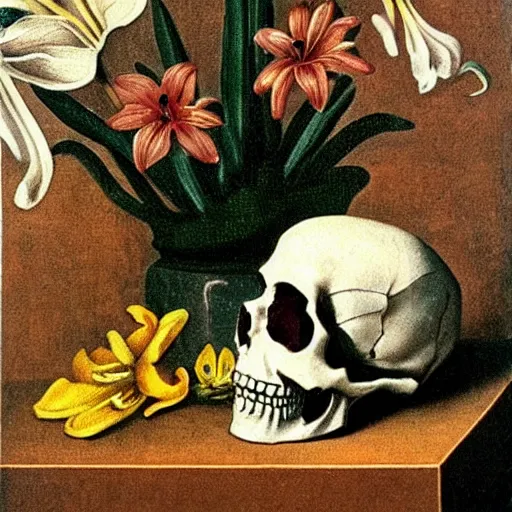 Prompt: a painting of a skull with diamonds in its eyes surrounded by white lilies all in front of a dark shadowy background in the style of a still life painting by francisco de zurbaran