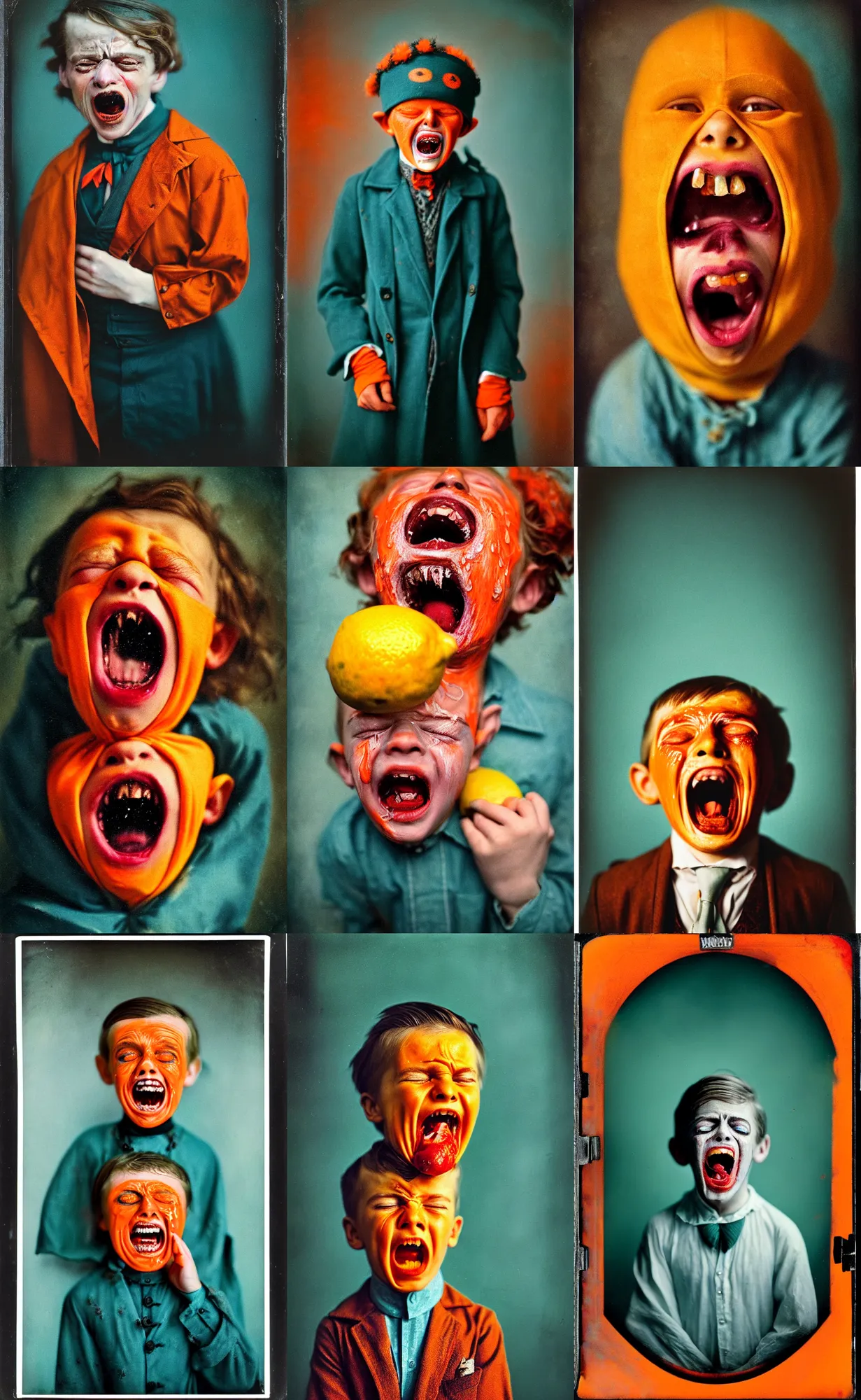 Image similar to kodak portra 4 0 0, wetplate, 8 k, shot of a highly detailed, britt marling style, colour still - life portrait of a lemon looks like a handsome screaming 8 year old crying boy in a dangerous snow hell fire storm, dracula teeth, 1 9 2 0 s cloth, 1 9 2 0 s hair, teal and orange, muted coloures