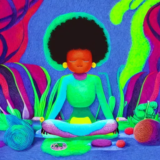 Image similar to a black girl with a colorful afro and big beautiful eyes meditating in an african zen garden with a waterfall!!, bokeh!, bright colors, synthwave, watercolor, volumetric wool felting, felt, macro photography, children illustration, by goro fujita