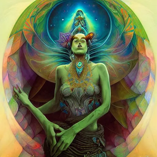 Prompt: psychedelic dmt artwork of esao andrews, frank peter mohrbacher, energy body, sacred geometry, esoteric art, divinity, detailed, tarot art