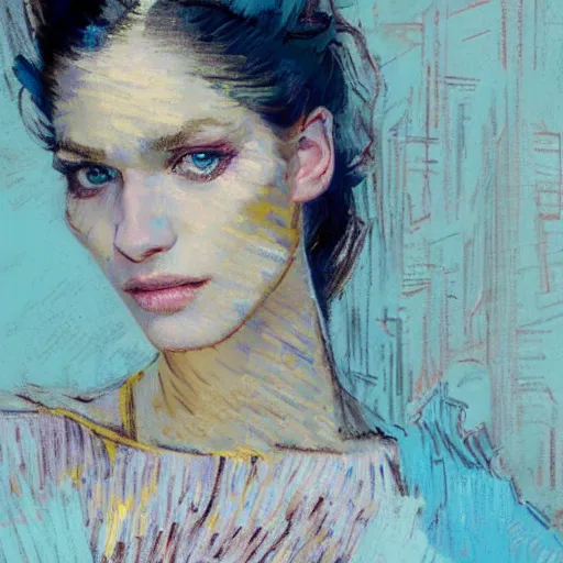 Prompt: close up of face of a fashion model in luxury dress, pastel shades of light blue and light yellow, by greg rutkowski, by jeremy mann, by francoise nielly, by van gogh, official valentino editorial, highly detailed