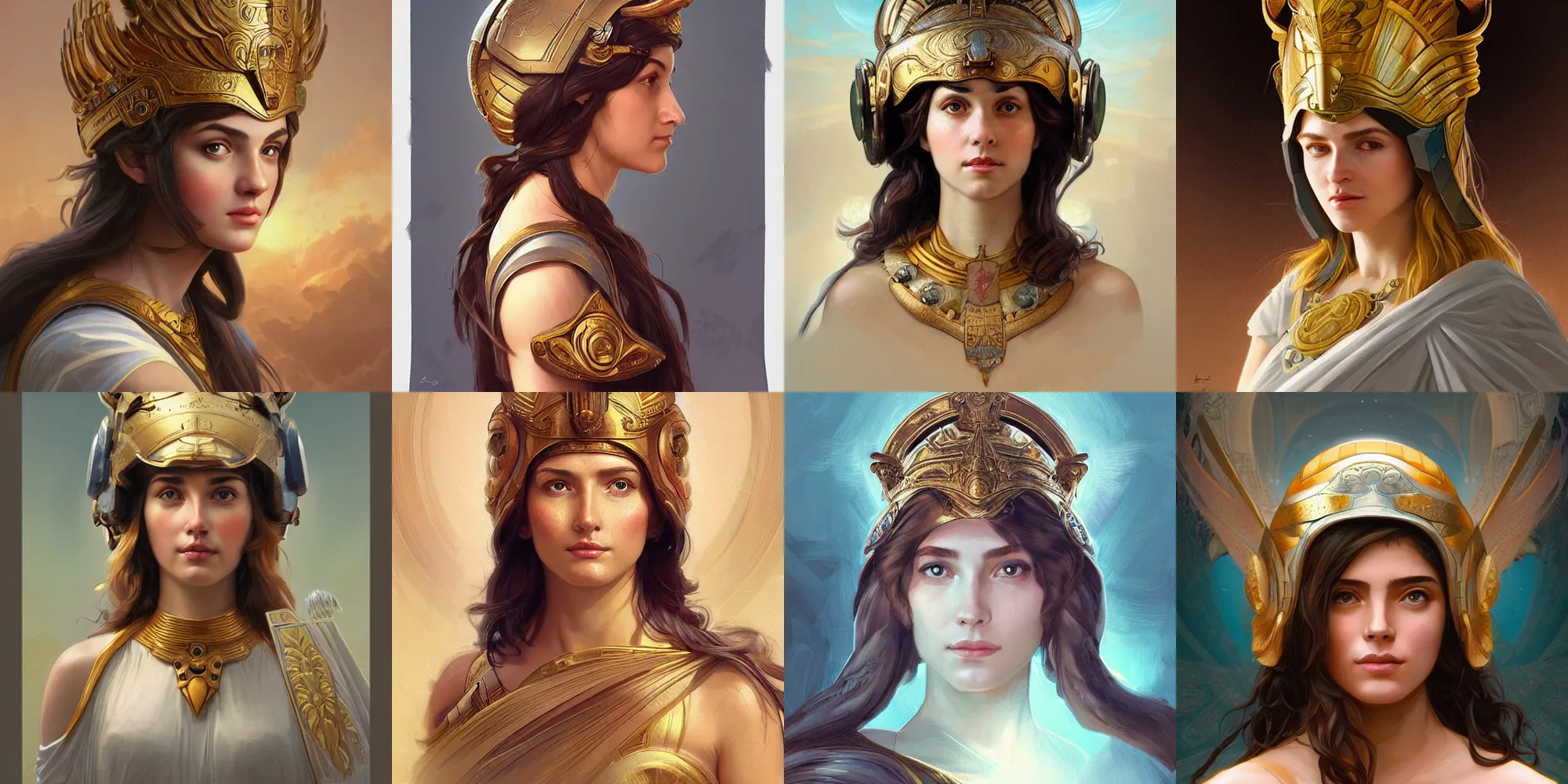 Prompt: head and shoulders portrait of athena goddess of wisdom, beautiful, wearing a helmet, digital painting, artstation, concept art, smooth, sharp focus, illustration, by artgerm and greg rutkowski and alphonse mucha