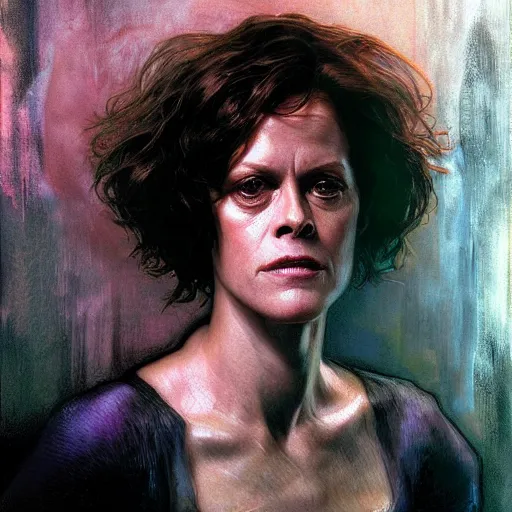 Image similar to sigourney weaver, hyperrealistic portrait, bladerunner street, art of elysium by jeremy mann and alphonse mucha, fantasy art, photo realistic, dynamic lighting, artstation, poster, volumetric lighting, very detailed face, 4 k, award winning