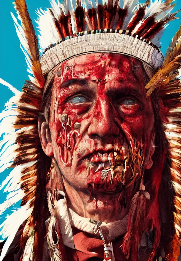 Prompt: close up portrait of zombie Pope Francis wearing a Native American Indian Feathered Headdress War Bonnet, dead redemption, by James Gilleard and Beeple