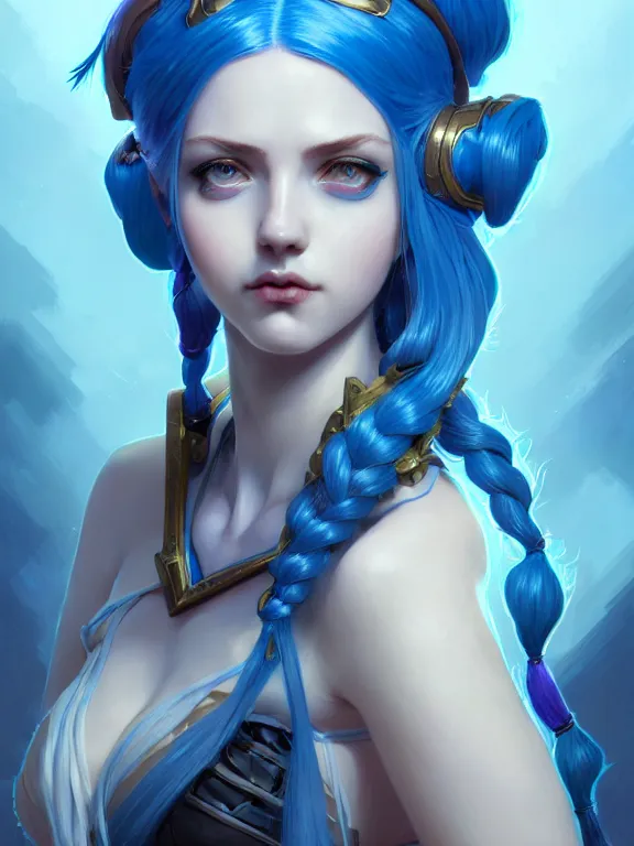 Image similar to a League of Legends FAN ART Portrait of JINX, blue hair, long pigtail, intricate, elegant, highly detailed, digital painting, concept art, smooth, sharp focus, illustration, by Laurie Greasley,Lawrence Alma-Tadema,Dan Mumford,artstation,deviantart,Unreal Engine,face enhance,8K,golden ratio,cinematic lighting