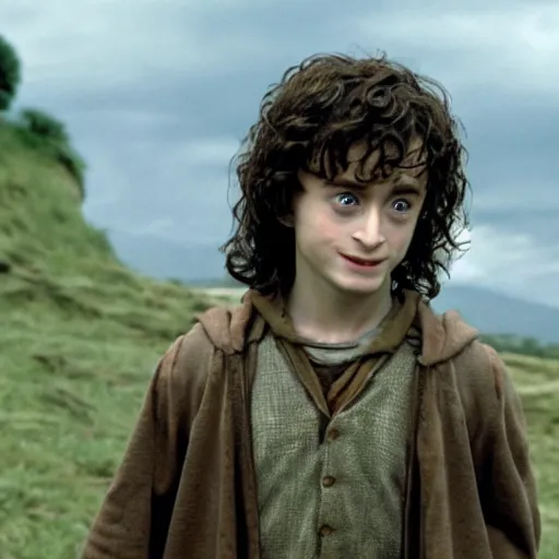 Prompt: Film still of a young Daniel Radcliffe as Frodo in Lord of the Rings: The Return of the King, small eyes