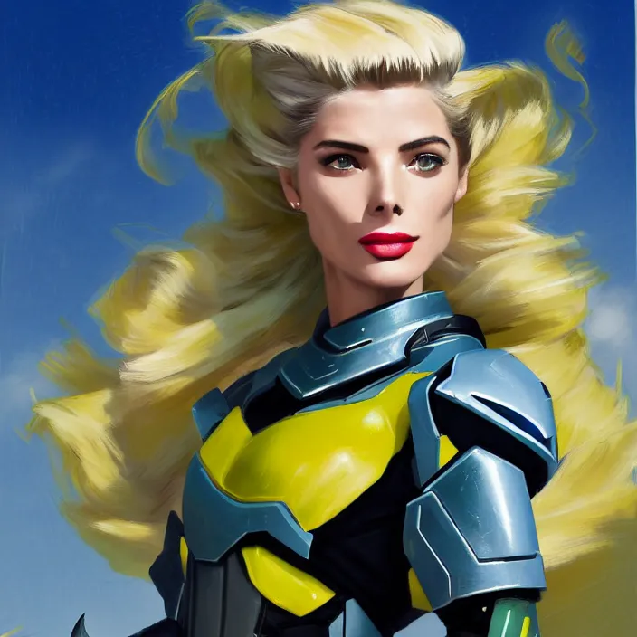 Image similar to A combination of Adriana Dxim's and Grace Kelly's and Ashley Greene's appearances with blonde hair wearing Interceptor's armor from Anthem, countryside, calm, fantasy character portrait, dynamic pose, above view, sunny day, thunder clouds in the sky, artwork by Jeremy Lipkin and Giuseppe Dangelico Pino and Michael Garmash and Rob Rey and Greg Manchess and Huang Guangjian, very coherent asymmetrical artwork, sharp edges, perfect face, simple form, 100mm