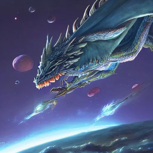 Image similar to Blue scaled dragon devouring an earth like planet while flying in space, mythical dragon, European four-legged dragon, sun system, nebula, oil painting, by Fernanda Suarez and Edgar Maxence and Greg Rutkowski