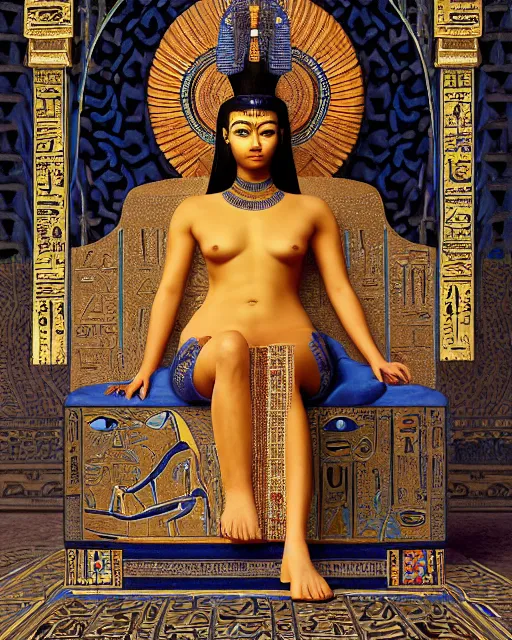 Image similar to portrait of a beautiful female ancient Egyptian goddess sitting on her throne, surrounded by blue lotus flowers. At her feet lies the god Anubis. fantasy, artstation, intricate, highly detailed, hyperrealism, beautiful symmetrical face, photorealistic, golden ratio, rendered in Octane, by James C. Christensen. by Carlos Shwabe