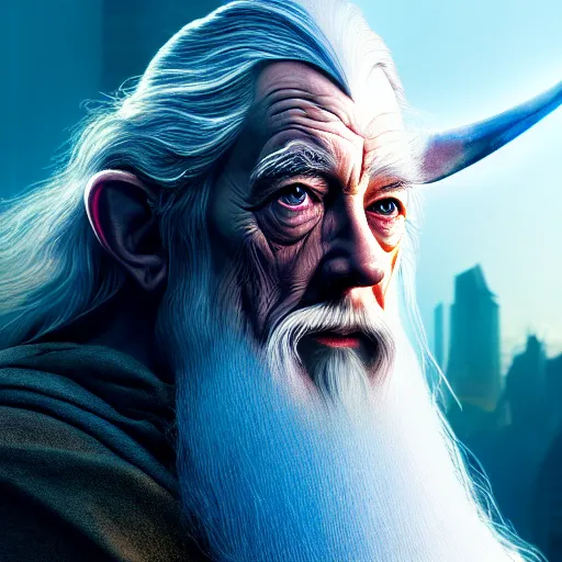 Prompt: Gandalf is a cyborg, cyberpunk, exobiology, hyper realistic, hyper detailed, realistic picture, epic game portrait, high angle shot, Long shot, 4k post-processing highly detailed, , 35mm, Kodachrome film, photograph