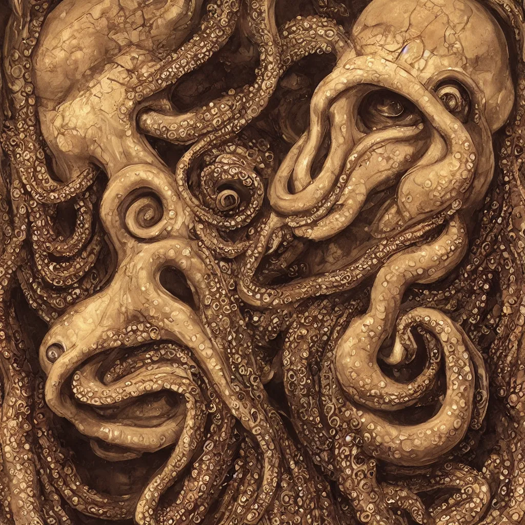 Image similar to beautiful and exotic octopus head bust portrait, glowering judging eyes, art nouveau declotage, perfect symmetrical facial features, hyperrrealistic bone structure, extremely hyperdetailed, mixed media painting, unreal engine, 8 k, octane, 8 mm, by travis charest, rodney matthews and chris achilleos
