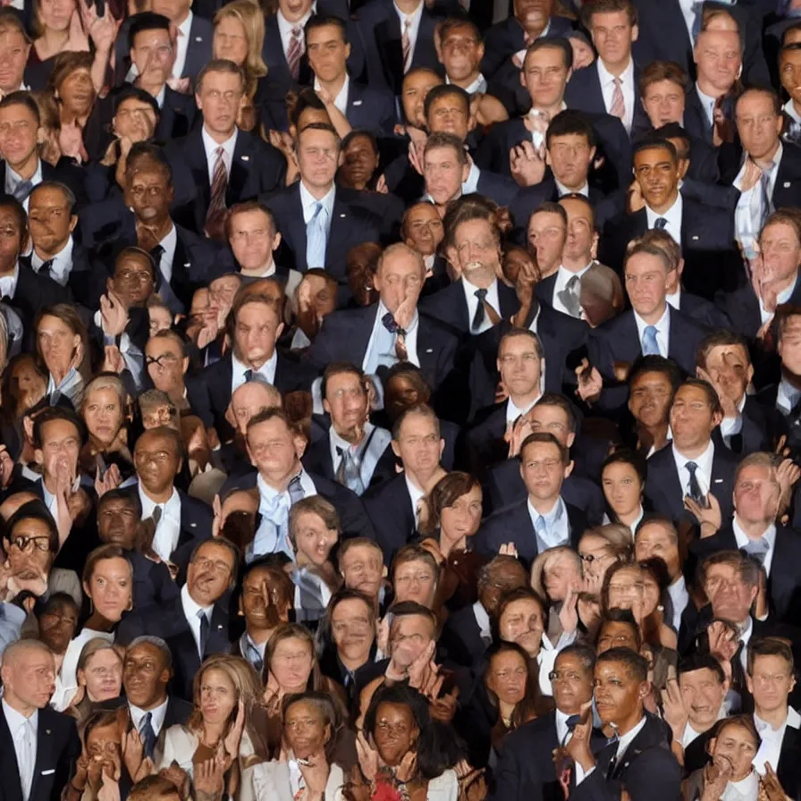 Prompt: award - winning photograph of a crowd of barack obamas staring at the camera with a very muted expression, professional picture, eerie, very highly detailed, cinematic lighting, photo, sharp, clear