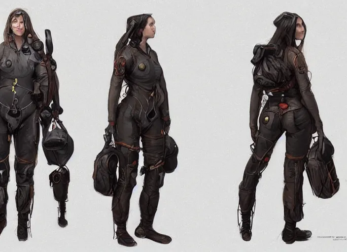 Image similar to front and back character view of a woman in scientist's jacket with a system of straps and pouches for collecting material by Donato Giancola, Trending on artstation, cgsociety and pixiv clean sci-fi concept art and sheet