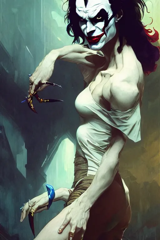 Image similar to aeon flux as the joker picture by Greg Rutkowski, dynamic pose, matte painting, intricate, fantasy concept art, elegant, by Stanley Artgerm Lau, WLOP, golden ratio, thomas kindkade, alphonse mucha, loish, Peter chung, norman Rockwell,