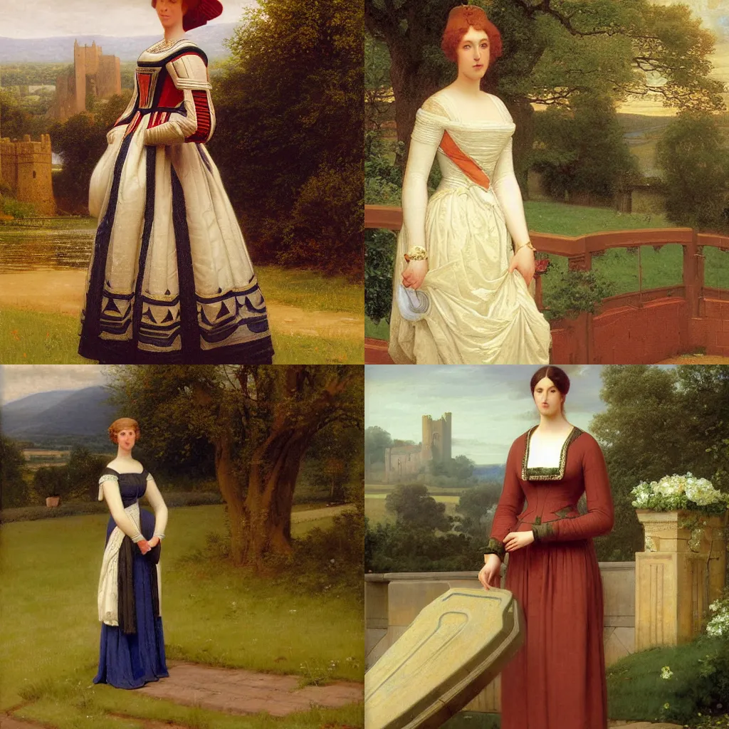 Prompt: a painting of commander Shepard in a silken dress by Edmund blair Leighton, castle in background