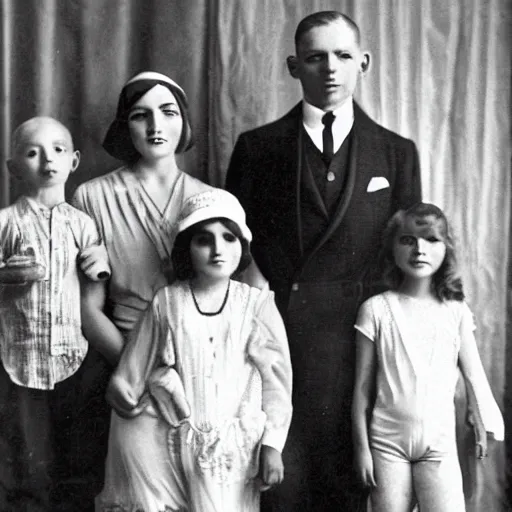 Prompt: a family portrait, all family members have the aphex twin come to daddy face, 1 9 2 0 s