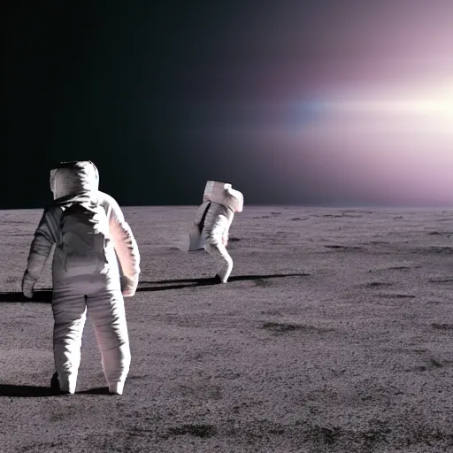 Image similar to astronauts walking ominously towards a SpaceX rocket, cinematic still, atmospheric, 4k