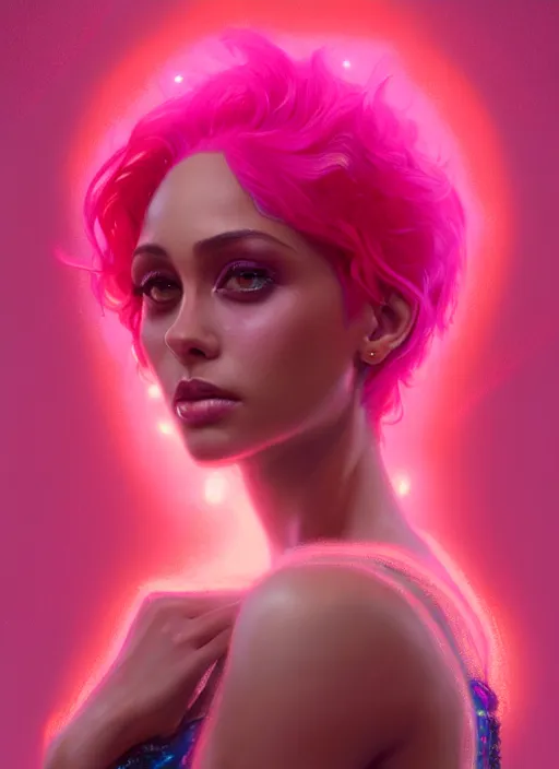 Prompt: portrait of vanessa morgan with bright pink hair, curly pixie cut hair, intricate, elegant, glowing lights, highly detailed, digital painting, artstation, concept art, smooth, sharp focus, illustration, art by wlop, mars ravelo and greg rutkowski