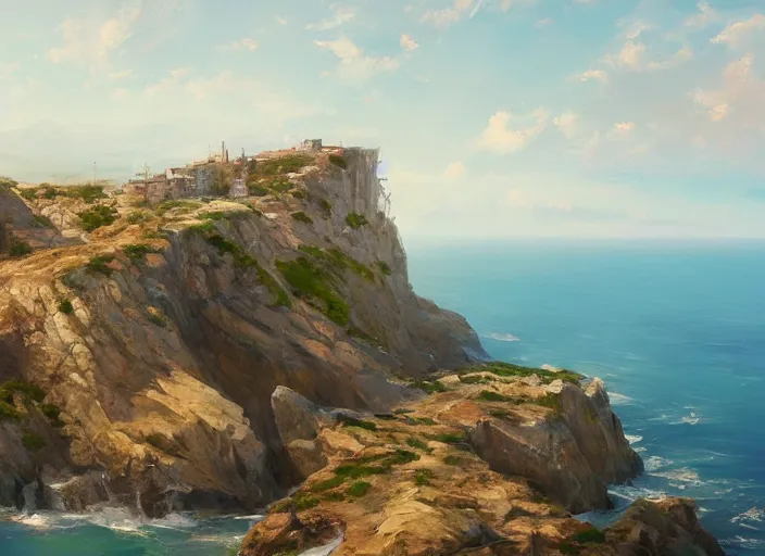 Image similar to villane base, coastal perched on a cliff overlooking a magnificient bay, concept art oil painting by Jama Jurabaev, extremely detailed, brush hard, artstation