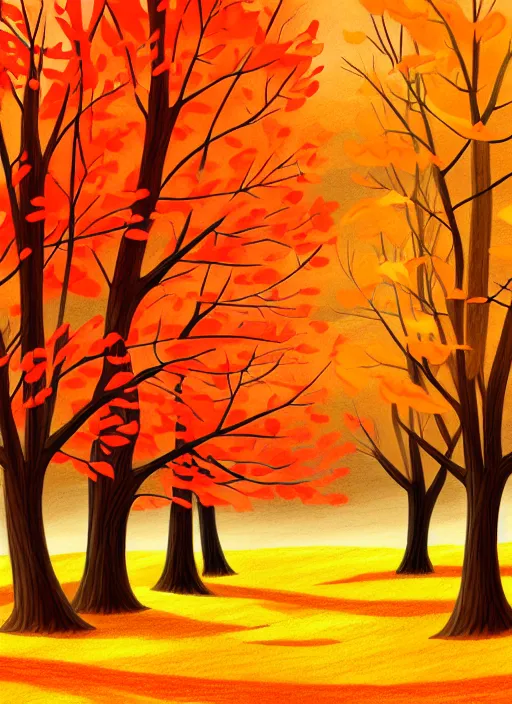 Image similar to beautiful drawing of a landscape in autumn, happy and cartoonish background, by tokenin, by glitchedpuppet, gradient orange, black, cream, brown and white color scheme, trending in artstation, award winning illustration