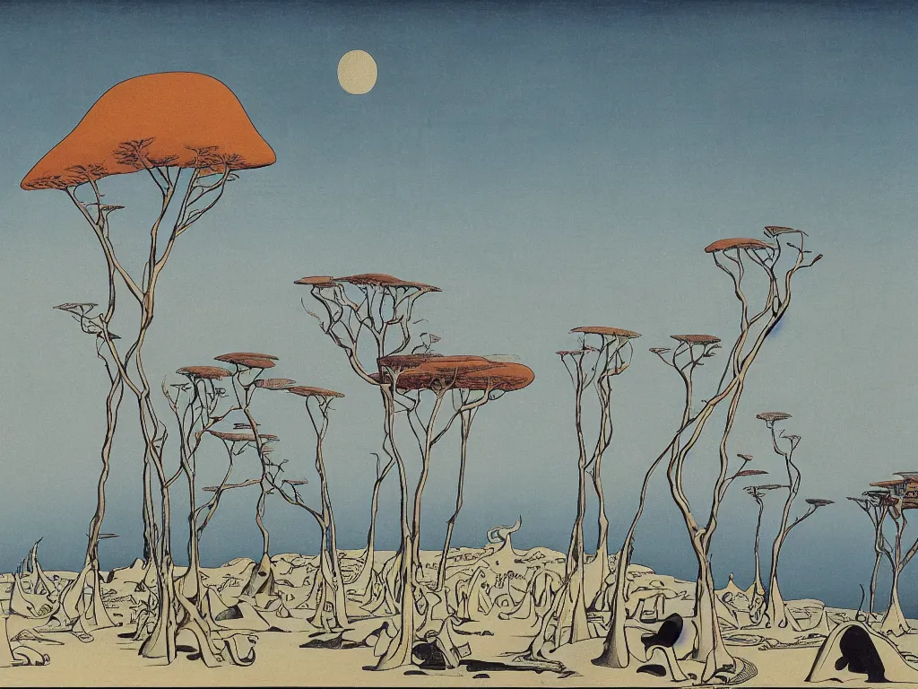 Prompt: Socotra island with baobab trees and sandstorm. Artwork by Yves Tanguy, Hiroshige