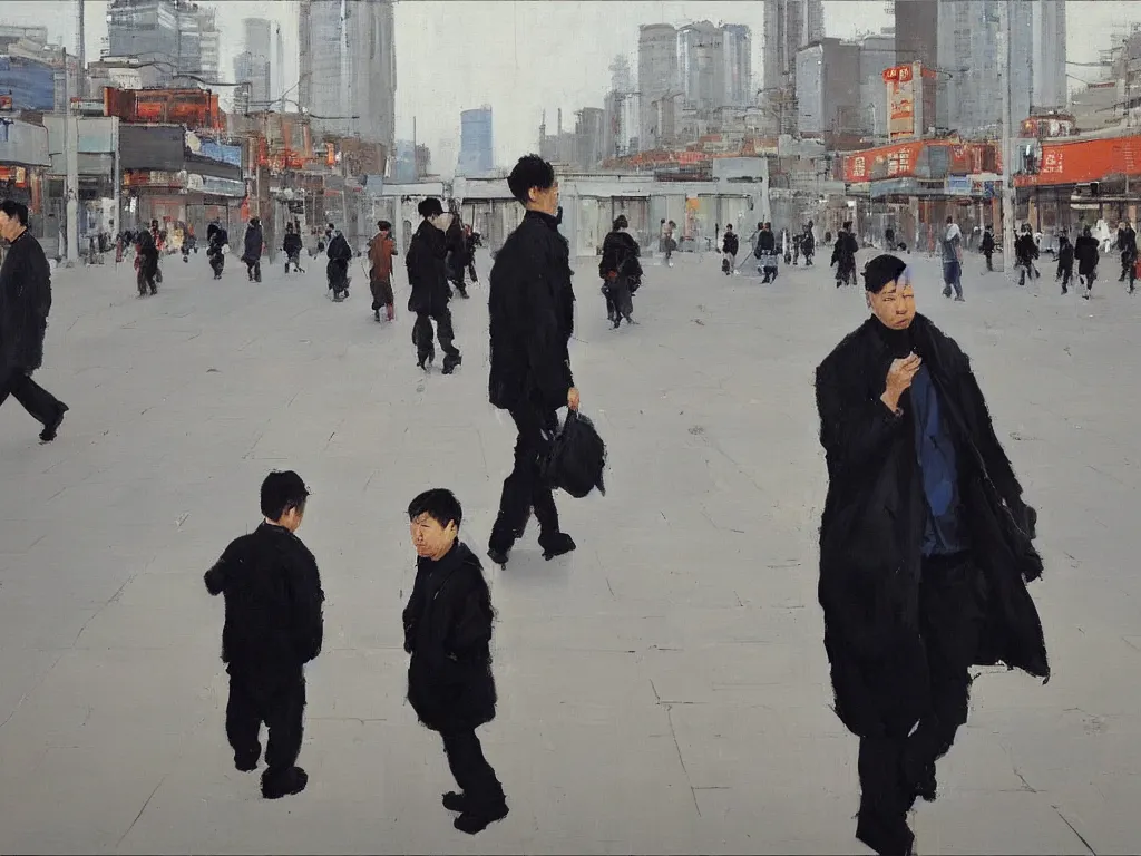 Prompt: ‘The Center of the World’ (Liu Xiaodong realist oil painting, large and thick brushstrokes, lost man on the street) was filmed in Beijing in April 2013 depicting a white collar office worker. A man in his early thirties – the first single-child-generation in China. Representing a new image of an idealized urban successful booming China.