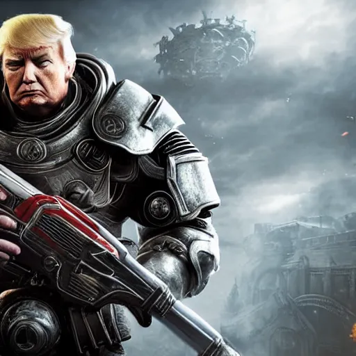 Image similar to Photo portrait of Donald Trump as Crusader Patriot Knight in Gears of War, splash art, movie still, detailed face, photorealistic facial features, cinematic lighting, dramatic, octane render, long lens, shallow depth of field, bokeh, anamorphic lens flare, 8k, hyper detailed, 35mm film grain