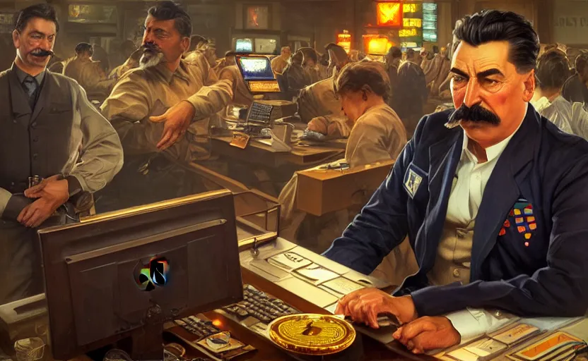Image similar to angry realistic josef stalin trading bitcoin in front of computer trading bitcoin, portrait, highly detailed, hyperrealistic, digital painting, artstation, concept art, smooth, sharp focus, illustration, cinematic lighting, art by artgerm and greg rutkowski and alphonse mucha