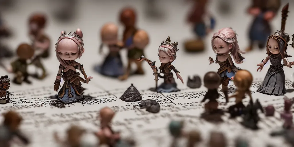 Image similar to closeup portrait of tiny d & d minis on white paper table in an artist workshop, depth of field, zeiss lens, detailed, centered, fashion photoshoot, by nicoletta ceccoli, mark ryden, lostfish, breathtaking, 8 k resolution, extremely detailed, beautiful, establishing shot, artistic, hyperrealistic, octane render