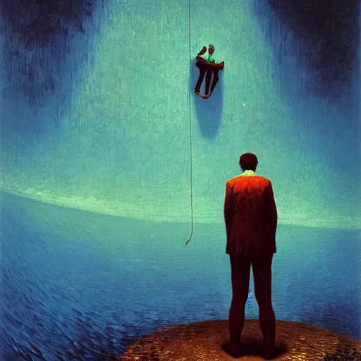 Image similar to a portrait of a man who is sad because he missed the climbing contest - winning digital artwork by salvador dali, beksinski, van gogh and monet. stunning lighting