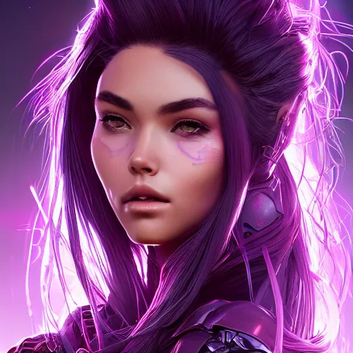 Image similar to close up portrait of a madison beer in smooth purple sci - fi armor, long black ponytail, elegant, intense, woman, an ultrafine hyperdetailed illustration by kim jung gi, irakli nadar, intricate linework, sharp focus, bright colors, octopath traveler, final fantasy, unreal engine 5, global illumination, radiant light