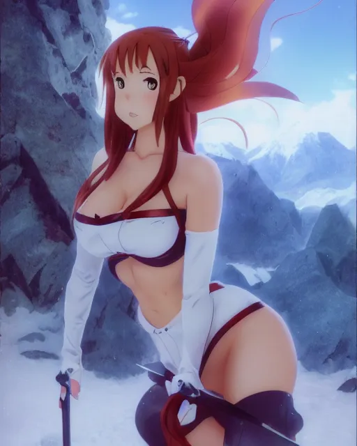 Prompt: pinup photo of asuna from sao in the ice mountains, asuna by a - 1 pictures, by greg rutkowski, gil elvgren, enoch bolles, glossy skin, pearlescent, anime, very coherent, maxim magazine, 3 d, vray, unreal 5, octave rendey, maya, cgsociety, dslr