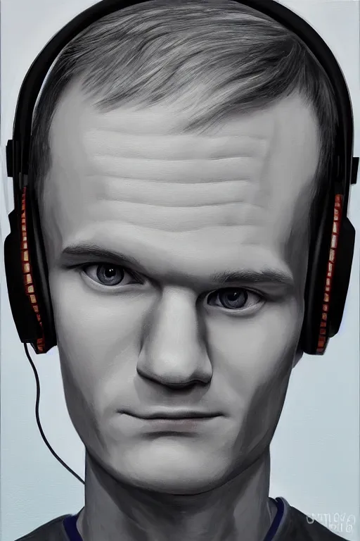 Image similar to vitalik buterin in headphones. vitalik buterin, medium shot, perfect symmetric face, coherent eyes, cute beautiful face, fine details., 4 k, hans zatska, oil paint