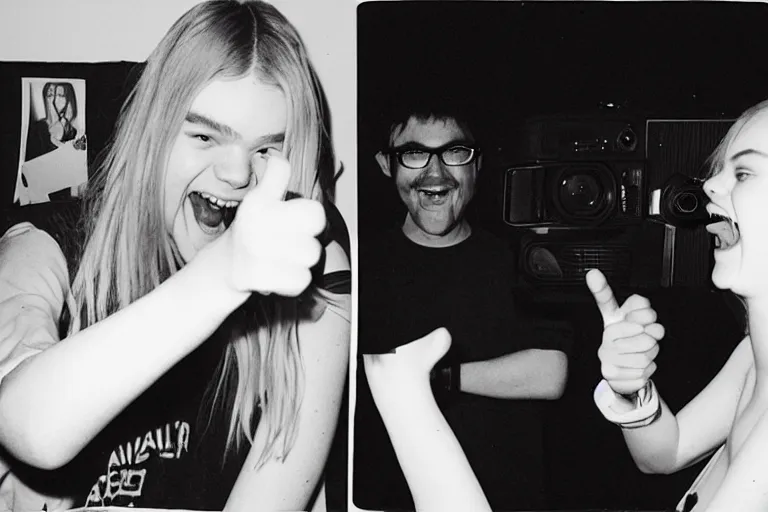 Image similar to photo of elle fanning pointing and laughing at some incel loser that makes repeated photos of her on stable diffusion because he's a sick loser. polaroid. terry richardson.