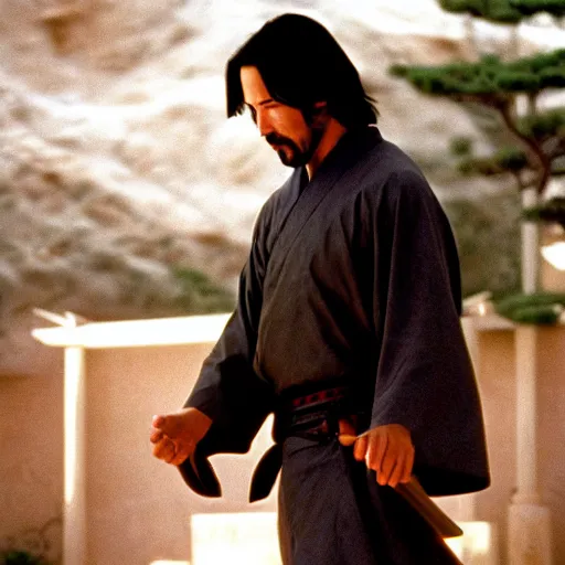 Prompt: cinematic film still of Keanu Reeves starring in a Steven Spielberg film as A Japanese Samurai at a temple, 1999, shallow depth of field, photograph, natural lighting