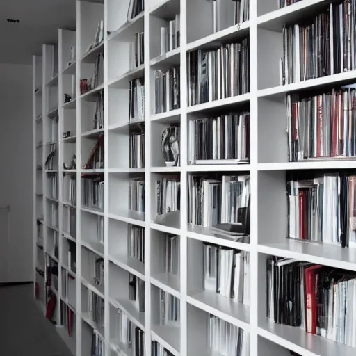 Prompt: photo of white bookshelf designed by jean nouvel