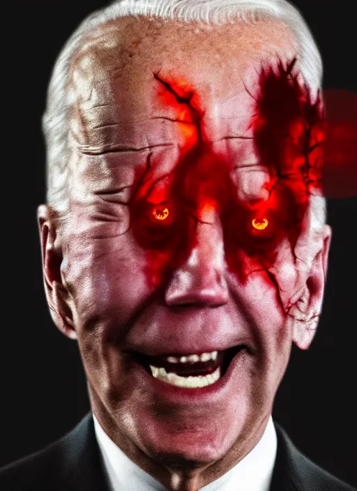 Image similar to hyper realistic ultra realistic horror terror dimensional photo furious glowing red eyes biden, high quality photo, detailed , 8k