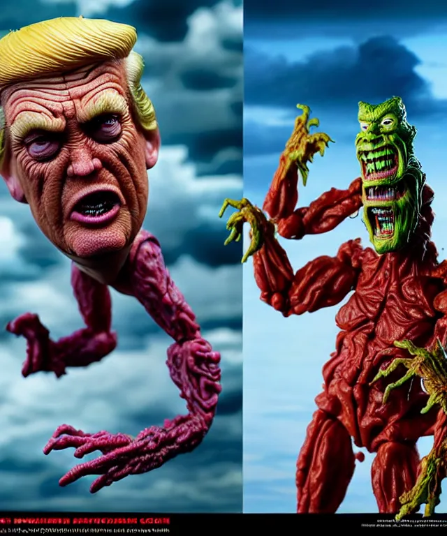 Image similar to hyperrealistic rendering, epic boss battle, cronenberg flesh monster donald trump, by art of skinner and richard corben, product photography, collectible action figure, sofubi, hottoys, storm clouds, outside, lightning