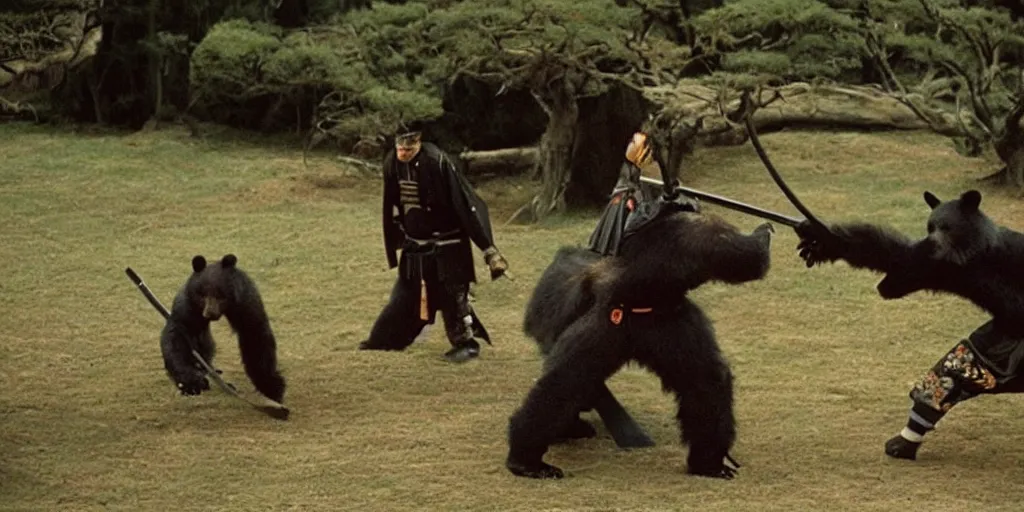 Prompt: scene from Shogun’s Shadow, 1989, movie still, cinematic, anthropomorphic, half man half asian black bear, black bear samurai, Moon Bear Samurai, epic, samurai