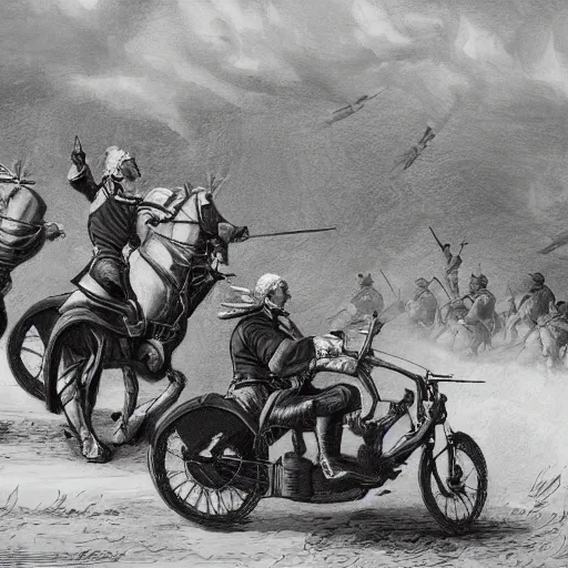 Image similar to George Washington rides a motorcycle to attack the British army in the revolutionary war, epic, cinematic, concept Art, detailed, 4K