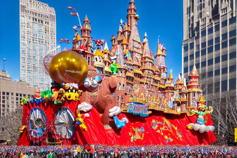 Prompt: photo of giant beautiful elaborate parade float castle designed by greg rutowski and geof darrow, in the macys parade, detailed 4 k photo, gigapixel, hyperdetailed