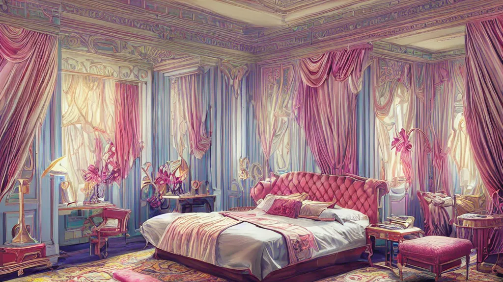 Prompt: art deco bedroom, photo, ultra detail, photoreal, bright colors, professionally retouched, wide angle, 8 k high definition, insanely detailed, intricate, elegant, art by artgerm and wlop