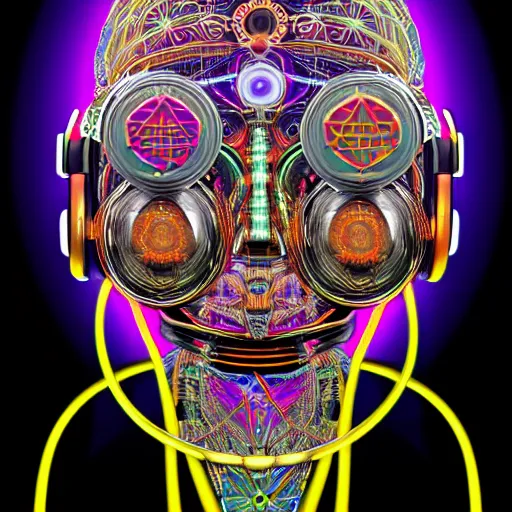 Prompt: hyperdetailed masterpiece portrait of a steampunk robot, covered in colorful glowing holy geometry and chakras, wearing headphones, symmetrical, 8 k, halluzinogenic, flourescent colors on black background