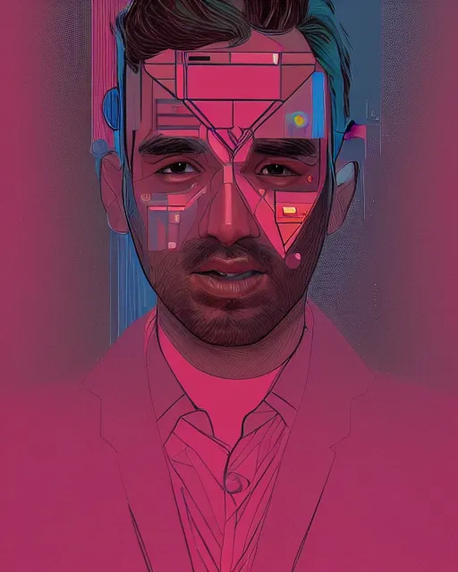 Image similar to portrait of Himesh Patel as a cyborg. intricate abstract. intricate artwork. by Tooth Wu, wlop, beeple, dan mumford. mulholland drive by david lynch, dune by david lynch, blade runner 2049 by dennis villeneuve, patrick nagel, octane render, trending on artstation, greg rutkowski very coherent symmetrical artwork. cinematic, hyper realism, high detail, octane render, 8k, iridescent accents