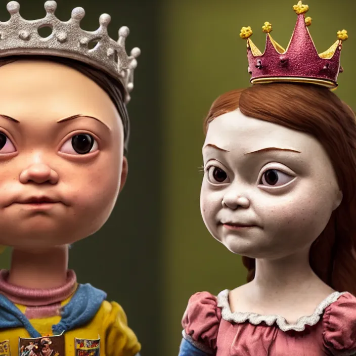 Image similar to highly detailed closeup, face profile portrait of greta thunberg as a tin toy fairytale princess wearing a crown eating cakes, bikini, unreal engine, nicoletta ceccoli, mark ryden, earl norem, lostfish, global illumination, detailed and intricate environment