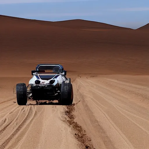 Prompt: realistic dune buggy driving on a dirt road, desert landscape, photograph