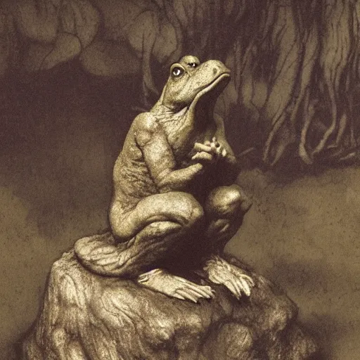 Prompt: toad philosopher toad in a pose The Thinker, swamp, by Auguste Rodin, illustrations by irish fairy tales james stephens arthur rackham, toad hand, fairy tale illustrations, top cinematic lighting , cinematic mood, very detailed, shot in canon, 8k, high resolution