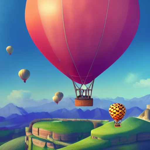 Prompt: princess peach flying a hot air ballon over the vanilla mountains, super mario world, 3d render, hd, uhd, hdr, rtx, ray tracing, complex detailed illustration, digital painting, artstation
