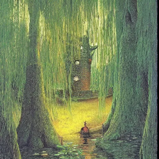 Image similar to castle in the willow tree forest, Darrell K Sweet, felix Kelly
